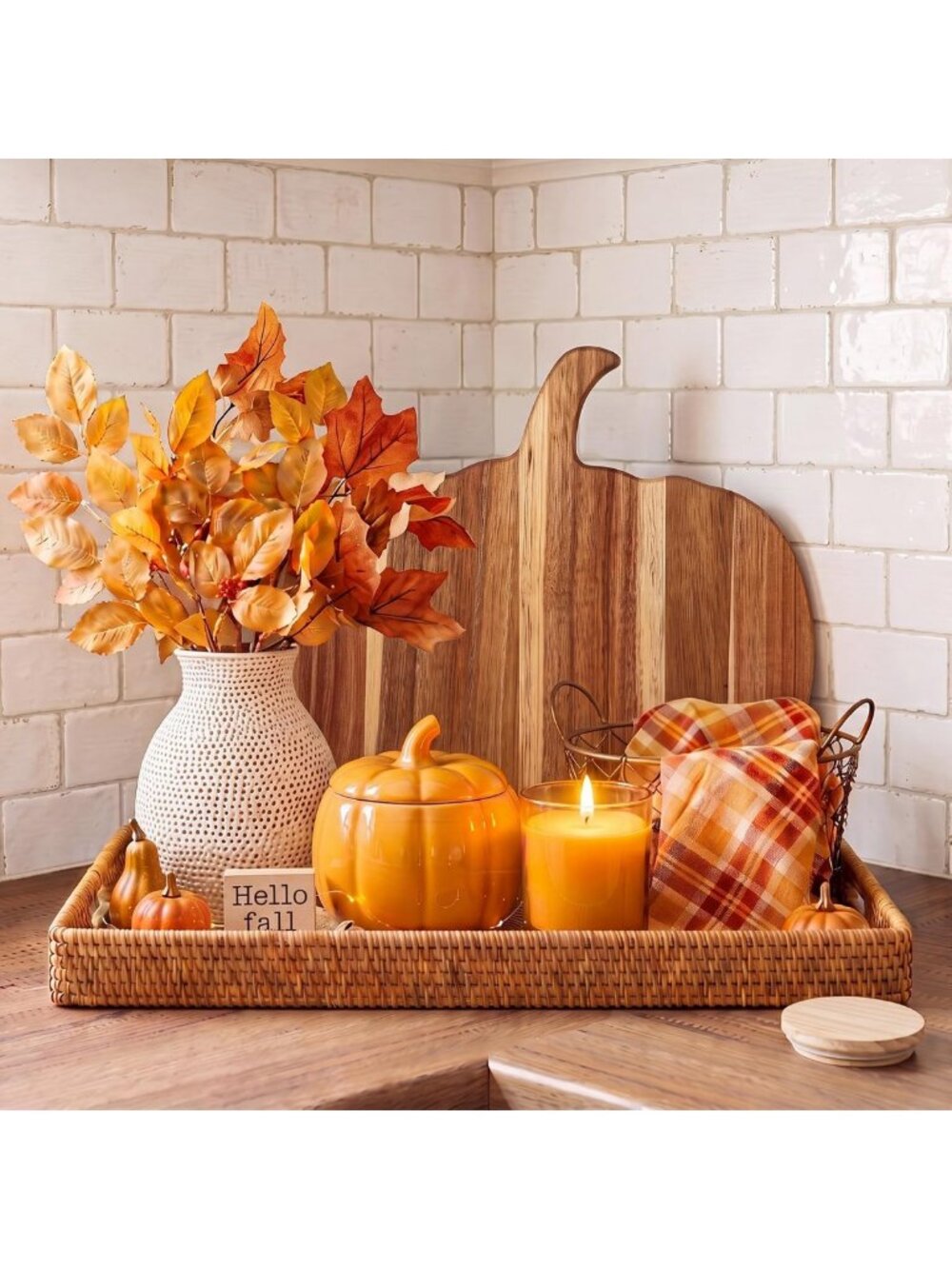 7-Piece Fall Kitchen Tray Set, Ceramic Table Decor in Vibrant Orange - Autumn